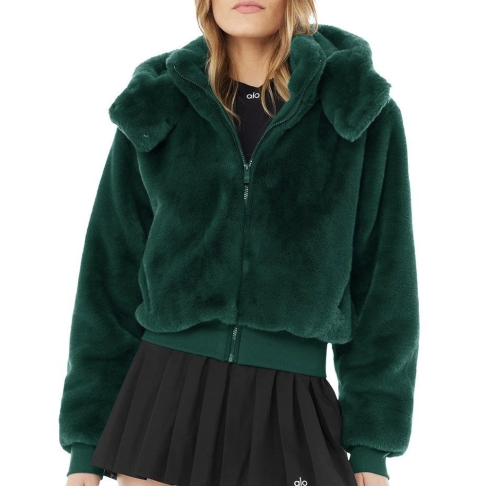 Alo Yoga Faux Fur emerald/teal jacket, NWOT, XS. Hard to find, sold out!